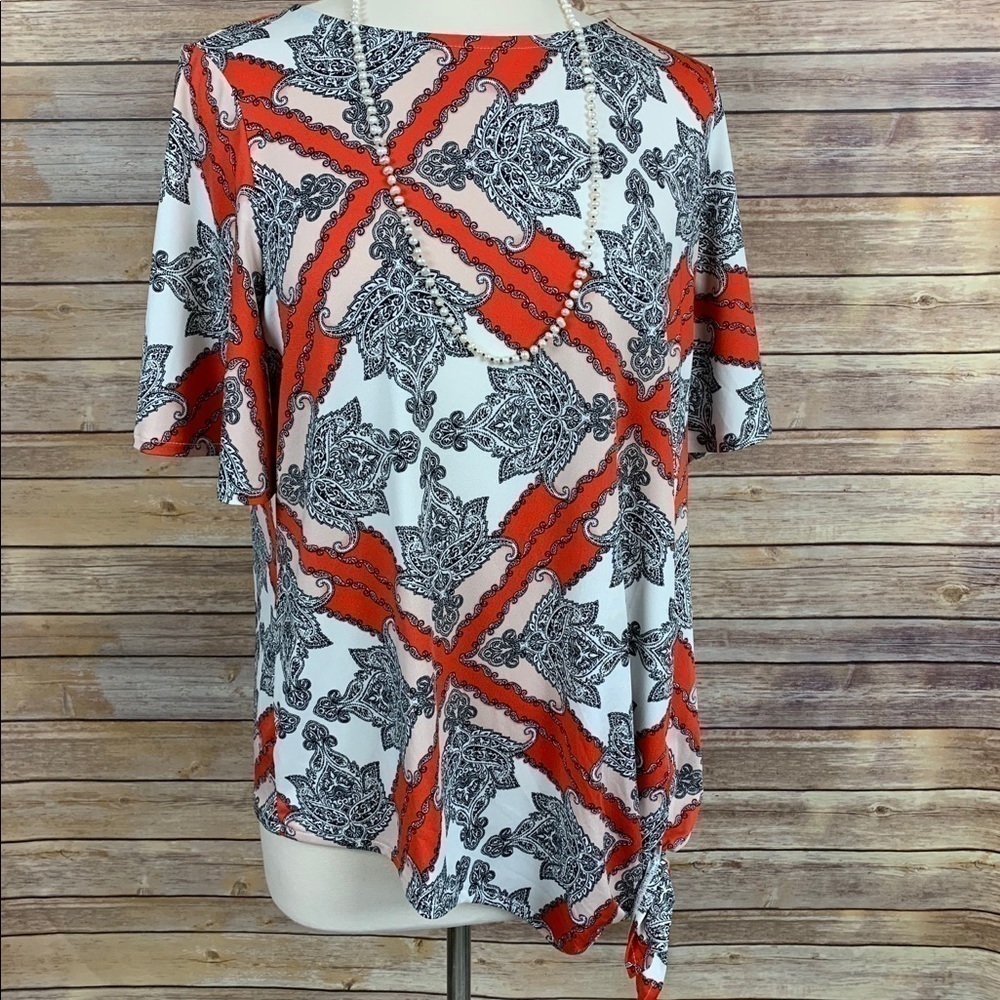 Como Vintage Sz L White/Orange/Black Tie Waist Top